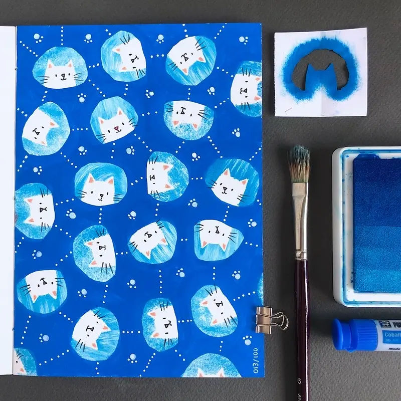Astronaut kitties pattern in sketchbook