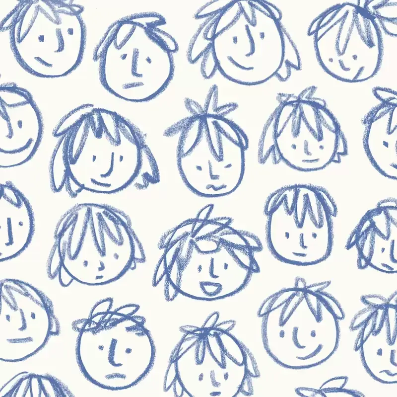 Crayon drawing children faces with different expressions